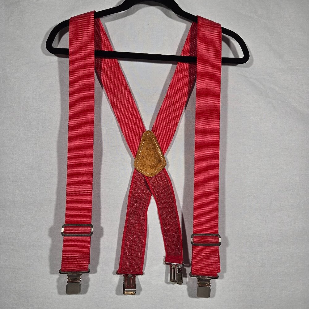USA Vintage 70's Red CANVAS Straps TOP-GRAIN Leather CLIPS 46" X 2" Suspenders. - Picture 3 of 17
